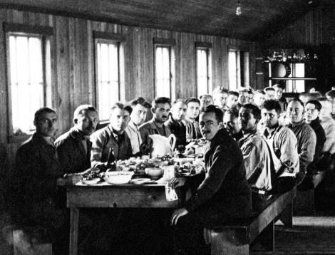 Men gathered for Thanksgiving in 1919 in the Conscientious Objector Prison Camp dining hall at Fort Douglas, Utah.  